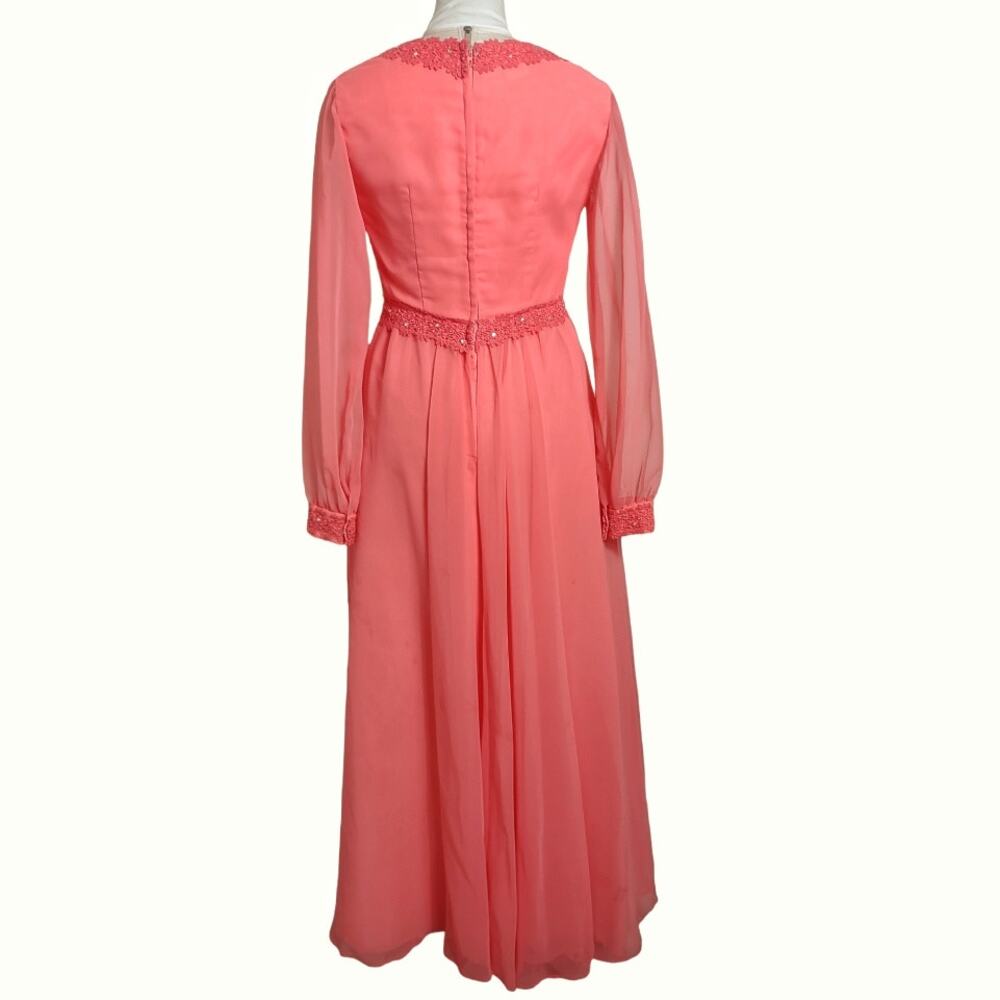 Vintage 2 Piece Long Maxi Evening Dress Matching Vest Coral Orange Chiffon 70s - Picture 6 of 13